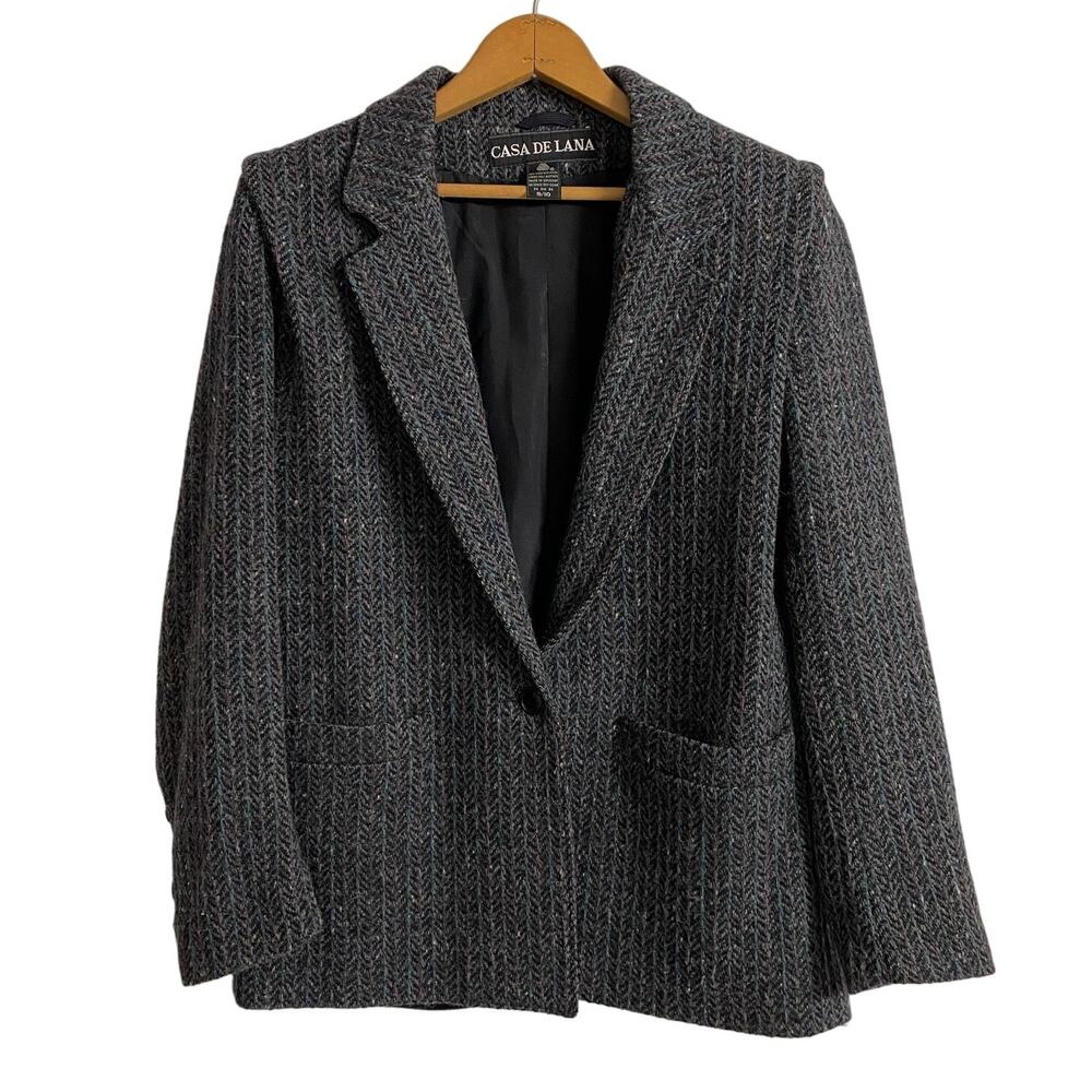 Vintage Wool Blazer size 10 Casa De Lana Houndstooth Grey Purple Blue